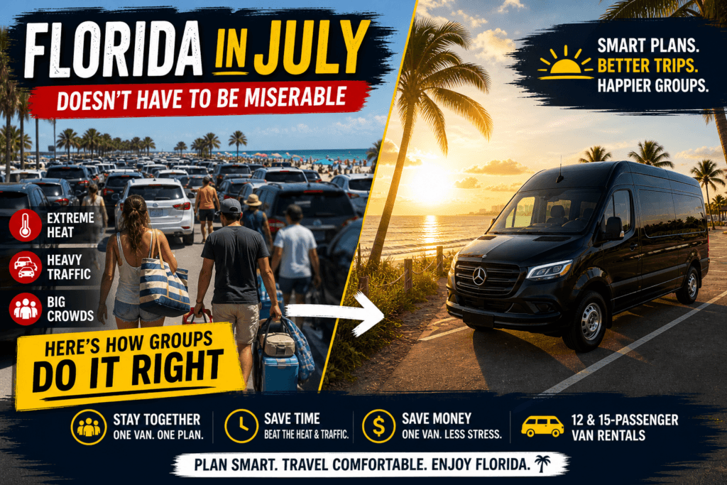 Florida beach traffic versus passenger van at sunset