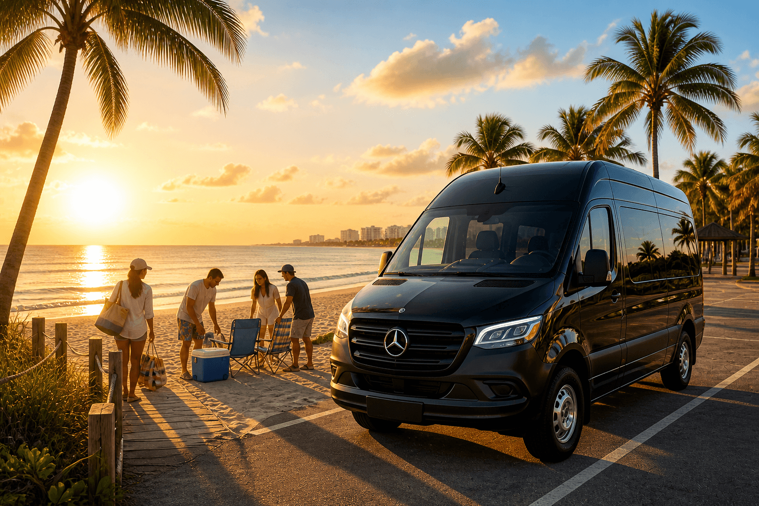 Black van parked by beach at sunset