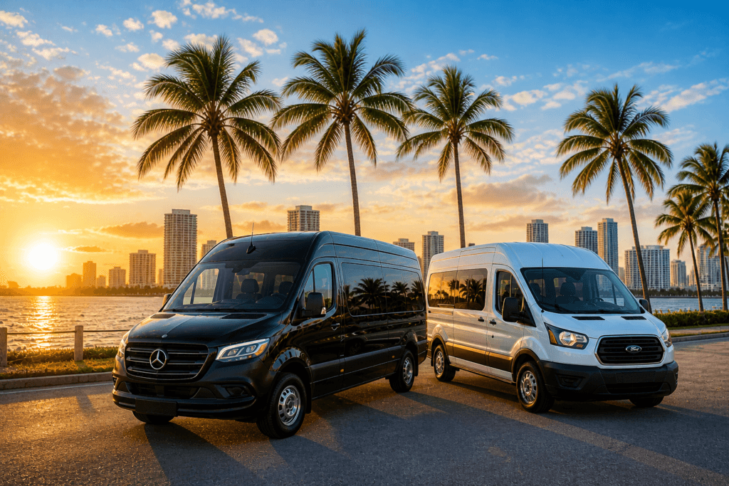 Two vans parked by waterfront at sunset