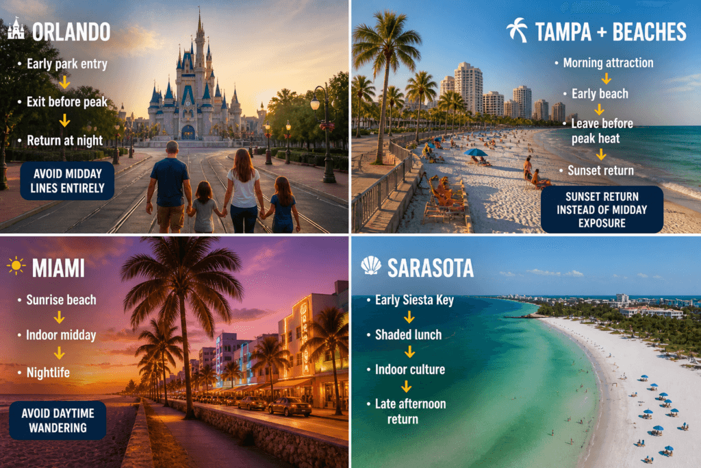 Florida city travel tips collage with beaches and theme park
